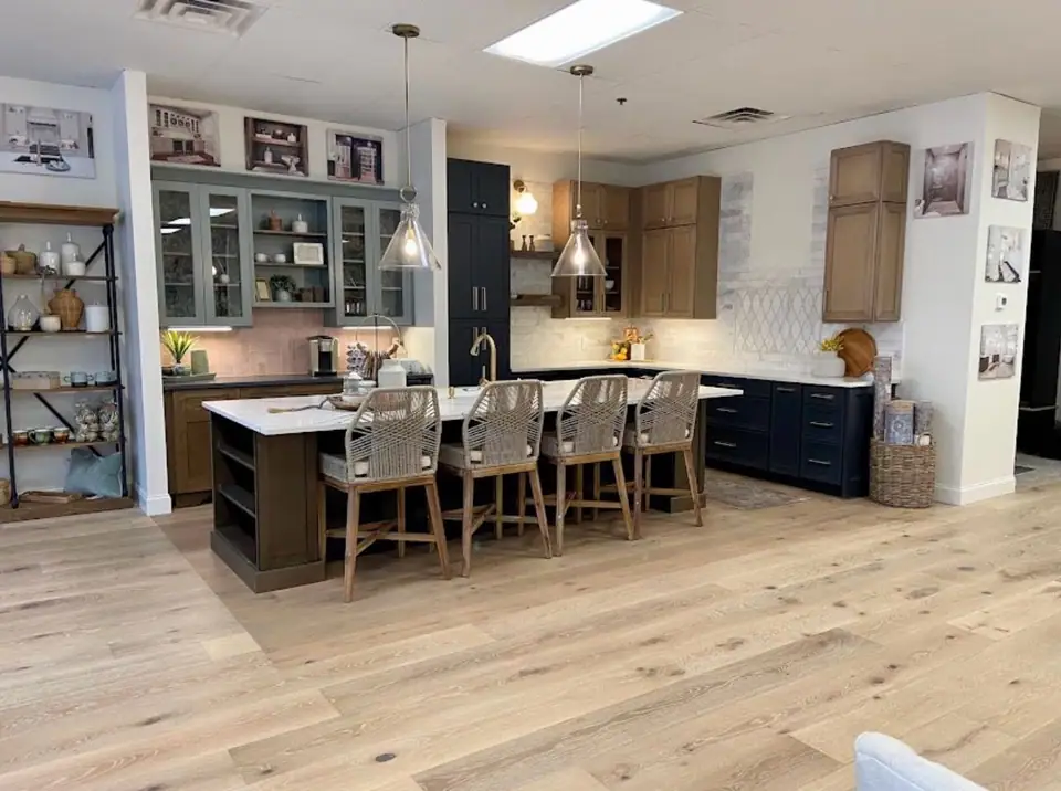 Clean commercial showroom with tables and shelving